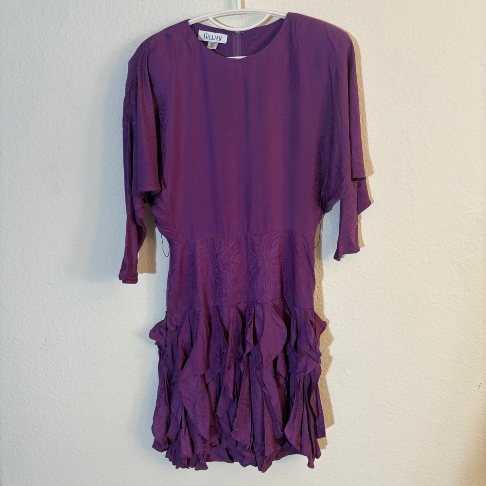 Vintage 80s Gillian 100% Silk Purple Ruffle Dress Size 12